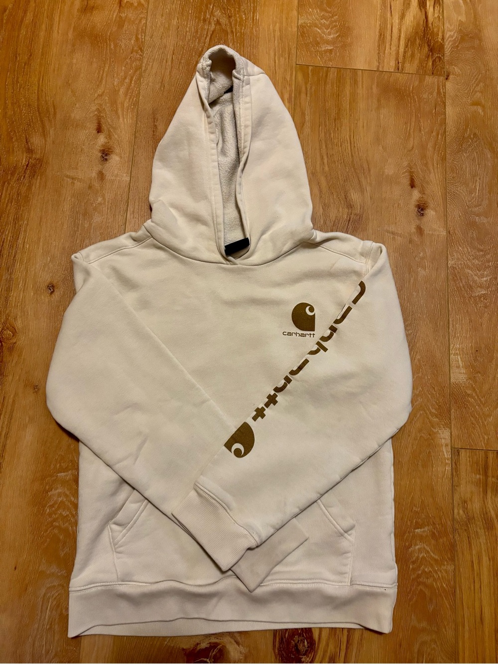 Carhartt 10/12 Cream Hoodie with Brown Diagonal Logo